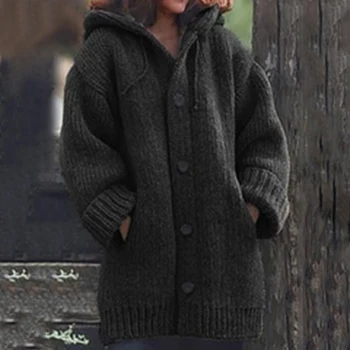 Zimske Ženske Jopico Priložnostne Hooded Trdna Gumb Pleteni Pulover Topel Plašč Dolg Rokav Pocket Plus Velikost Ženske Knittwear Outwear