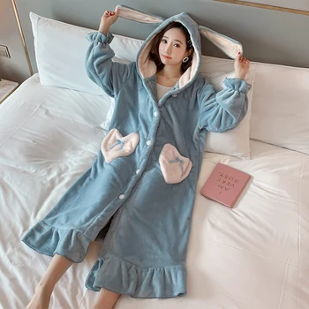 Pozimi debel toplo koralni žamet nočno haljo ženske pižame z dolgimi rokavi kopalni plašč korejski moda kawaii zajček ušesa sleepwear nuisette