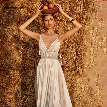 Špagete Trakovi Bohemian Boho Plaži Poročno Obleko 2021 Iluzijo Vrh Šifon z Čipke Črto Poročne Obleke Vestidos De Renda