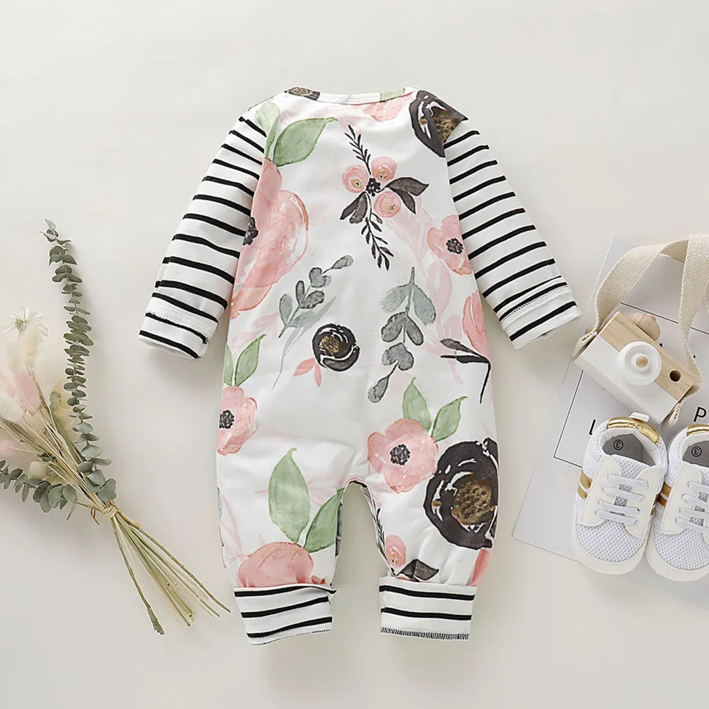 (0-24M) Dojenčke in otroke, dolgo sleeved prugasta romper plezanje oblačila listi rože tiskanje jumpsuit moda šivanje S4