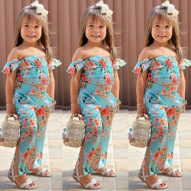 2020 Novo 2pcs Otroci Baby Girl Obleke Cvetlični Poletje Kostum Off Ramenski Crop Tops Dolgo Split Hlače Ljubek Obleko Set 2-6Years