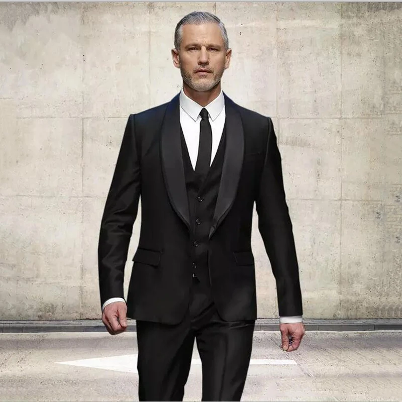 2020 Novo Črno Ženina Tuxedos Odlično Groomsman Formalne Poslovne Obleke, Maturantski Moške Obleke Tri Kose Barve (Suknjič+Hlače+Telovnik)