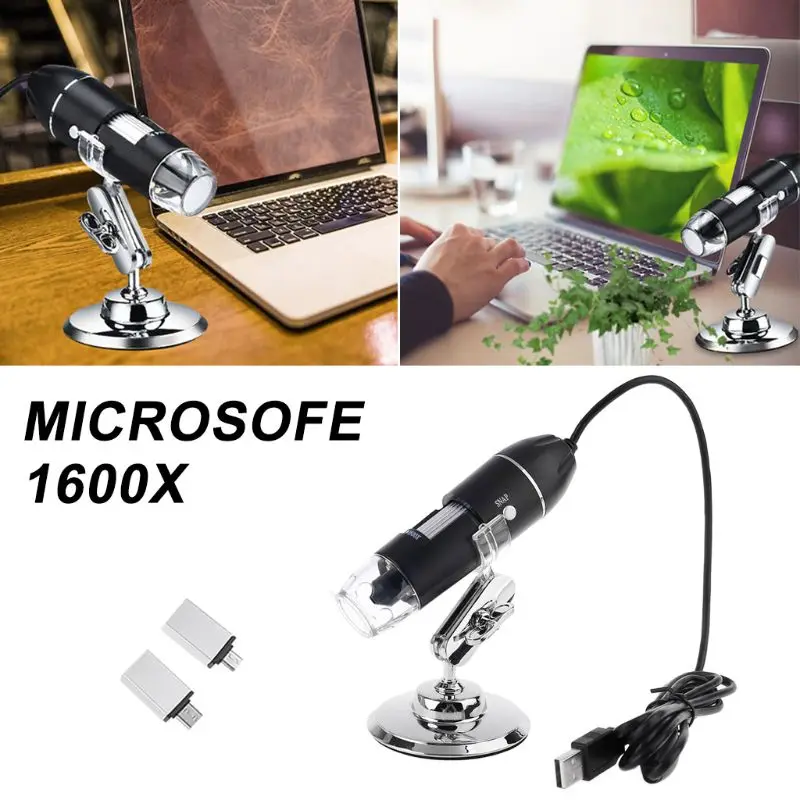 3-v-1 Digitalni Mikroskop 1600X Prenosni 2Adapters Podporo OSX, Windows PC Tipa C Mikro-USB Telefon USB Lupo z 8LED