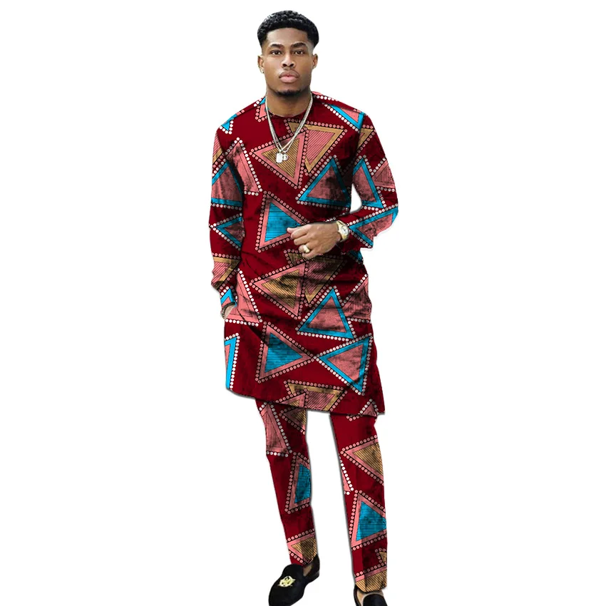 Afriška oblačila za moške print set shirt z hlač mozaik Ankara sopihanje garniture po meri poroko obrabe moški formalnih obleke