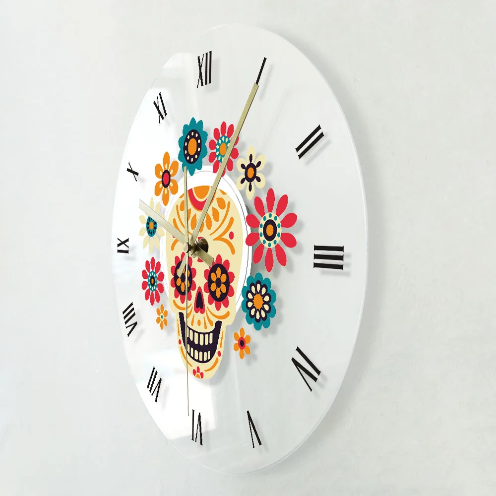 Dan Mrtvih Pisani Cvetlični Sladkorja Lobanje Mehiške Umetnosti Akril Pregleden Stenske Ure Dia De Los Muertos Dekorativne Stenske Watch