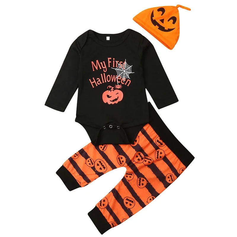 Dojenček Fant Dekle Z Dolgimi Rokavi Halloween Buče Tiskanja Romper Vrhovi Hlače Klobuk Obleke Oblačila