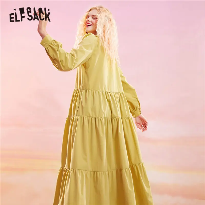 ELFSACK Trdna, Čista Visoko Pasu Svoboden Priložnostne Midi Obleko Žensk,do leta 2020 Zimske ELF Chic Vintage Gumb korejskih Žensk,Party Obleke