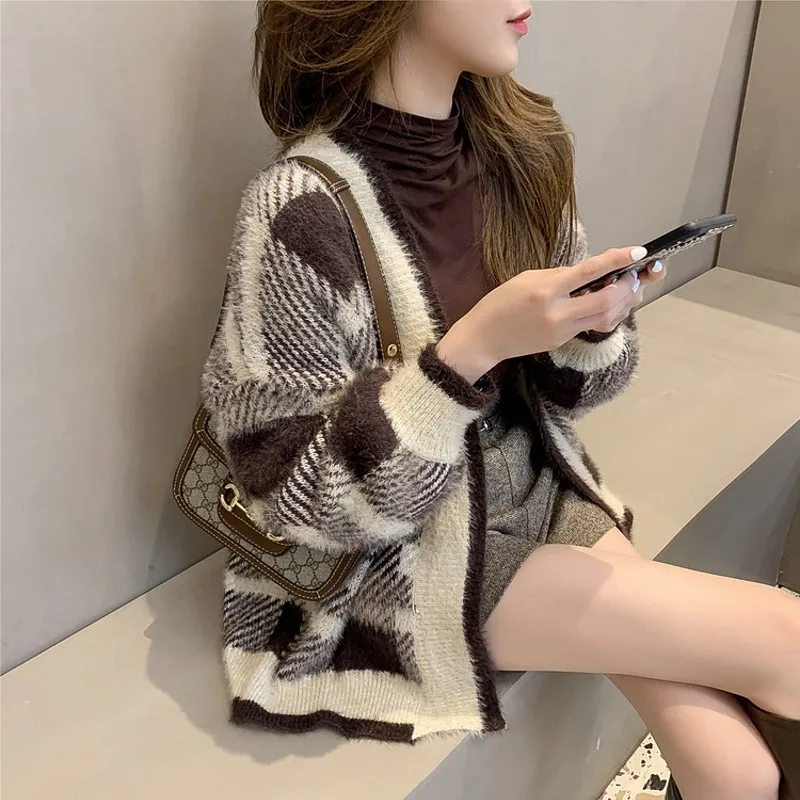 Jeseni retro novo kave barve kariran jopico ženska puloverji plašč Proti-vrat mehko dolgo ohlapno pleteno jopico 2020