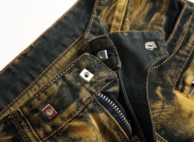 KH Visoko Kakovostne Mode za Moške Jeans Naguban Motocikel Biker Jeans Hlače Moški Slim Rumena Elastična Punk Hlače Plus velikost 28~42