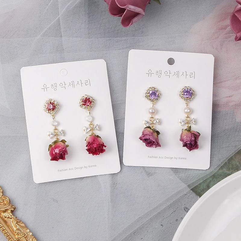 Korejski Imitacije Pearl Cvet Visijo Uhani za Ženske, Dekleta Modni Kristalno Lok Spusti Rose Uhani Temperament Stranka Nakit