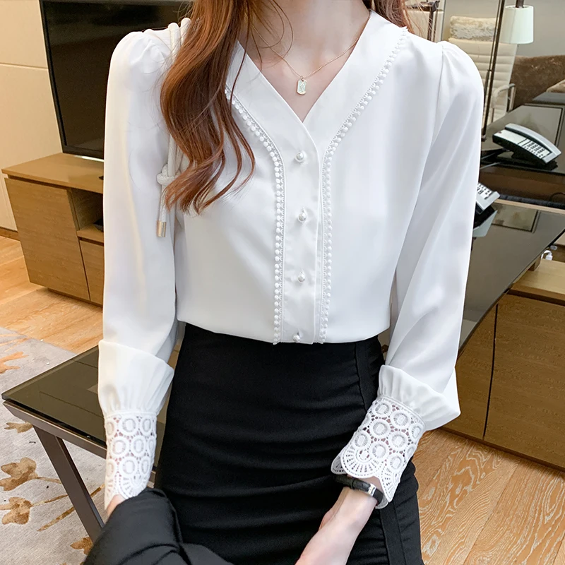 Korejski Ženske Šifon Belo Bluzo Ženske Majice Dolg Rokav V Vratu Bluze za ženske Čipke Mozaik Ženske Bluzo Vrhovi Plus Velikost