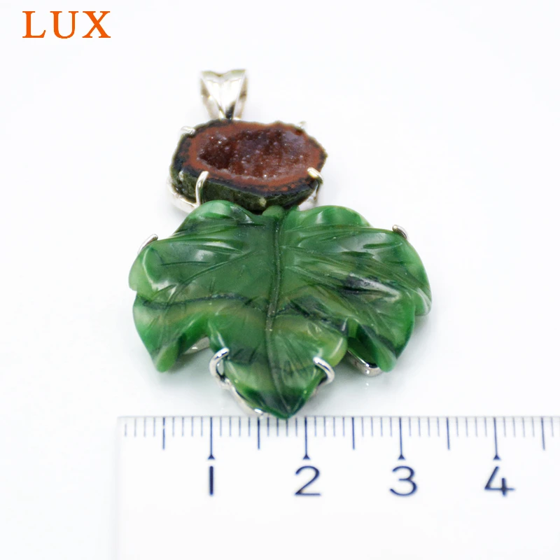 LUXjewelry Ročno izrezljane agates listi obesek naravnih druzy geode čarobne gumbe za ogrlico kar 925 sterling srebrni nakit drusy