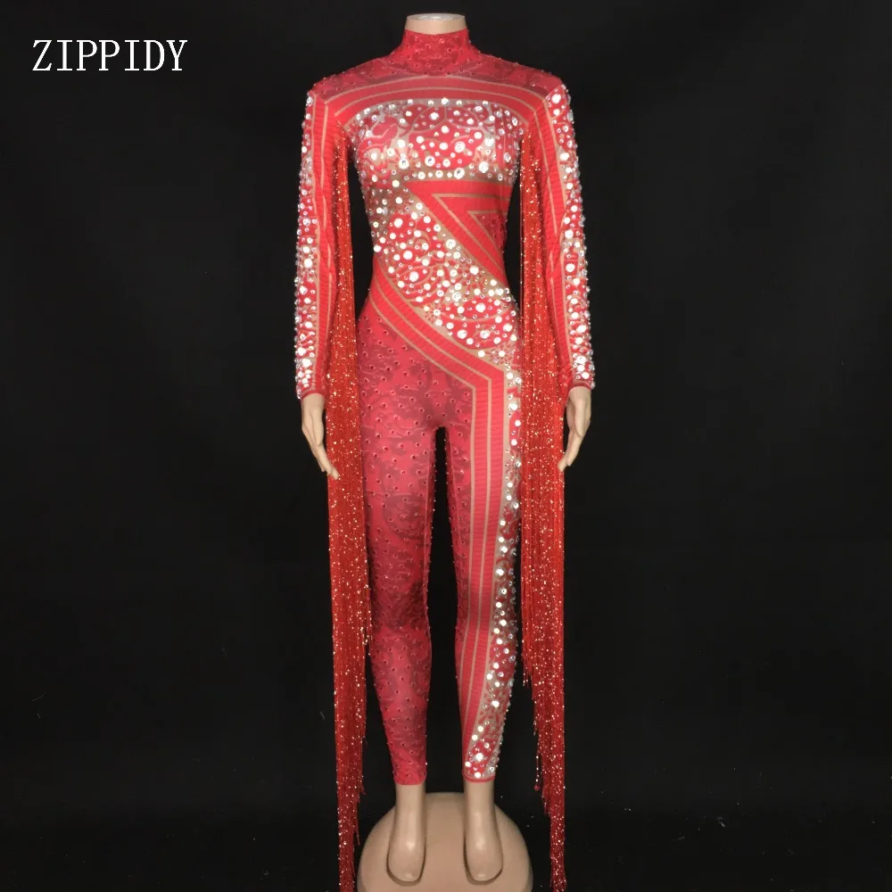 Moda Rdeče Robu Okrasnih Jumpsuit Fazi Bodysuit Praznovanje Plesa Tassel Kostum Dokolenke Ženske, Pevka, Plesalka Obleko