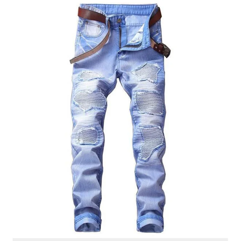 Moda za Moške Casual Kavbojke, Prevlečeni Slim Naravnost Naguban Biker Jeans Hlače Moški Traper Hlače Priložnostno Plus Velikost Petih barvah