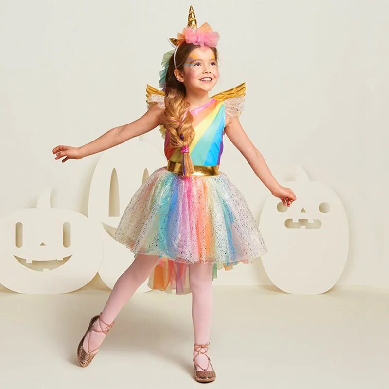 Novo Samorog Stranka Obleko Dekleta Otroški Pustni Kostum Otrok Mavrica Princesa Tutu Obleke Dekleta Halloween Cosplay Fancy Oblačenja