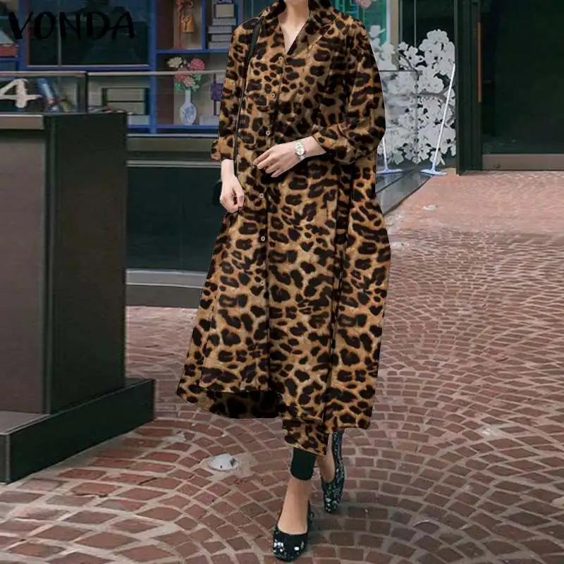 Plus Velikost Ženske obleke 2021 VONDA Priložnostne Long Sleeve Vintage Leopard Tiskanja Gumb Majica Obleke Svoboden Jeseni Nezakonitih Vestidos