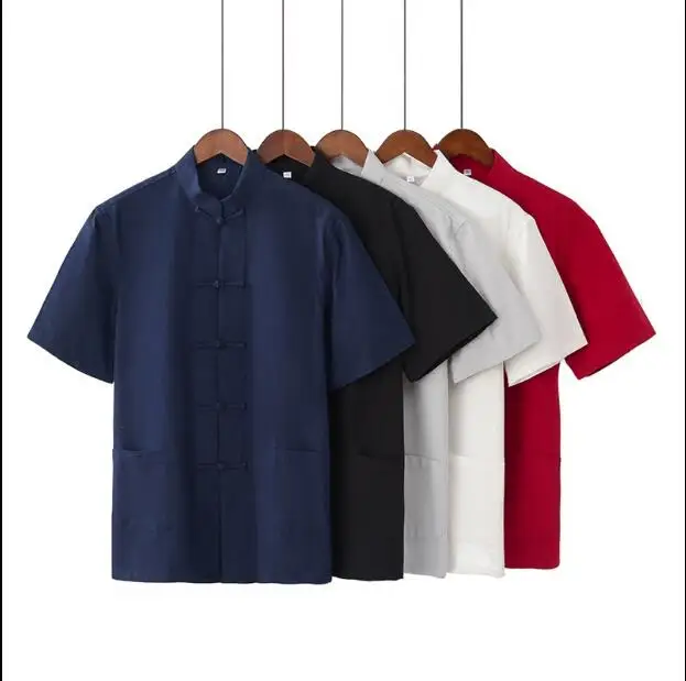 Poletje Tang Bombaž Kitajski majica Kitajske tradicionalne vrhovi Tai chi Moških bluzo Letnik