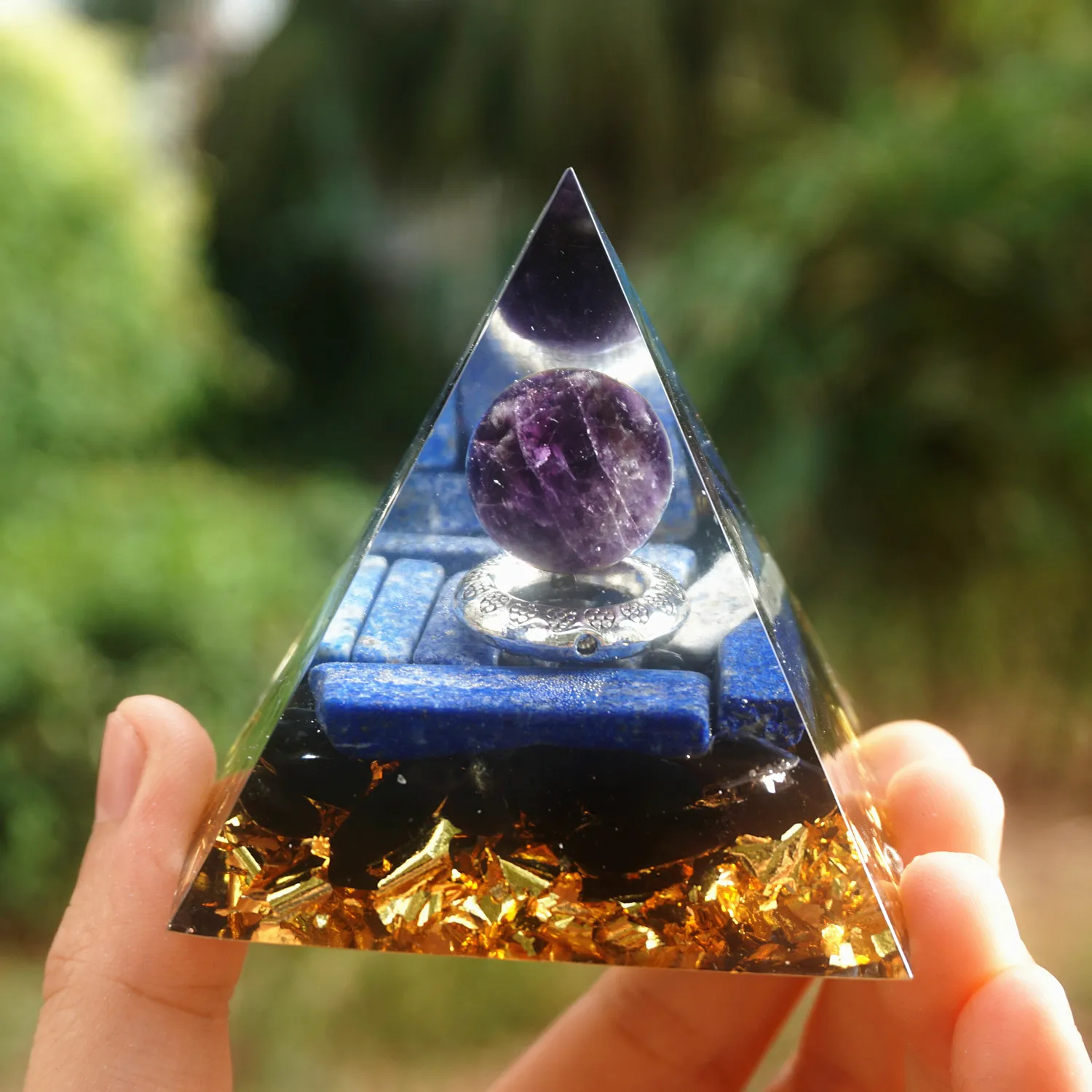 Ročno Ametist Kristalno Kroglo, Orgonski Piramida z Srebrni Prstan Obsidian Orgonski 60mm