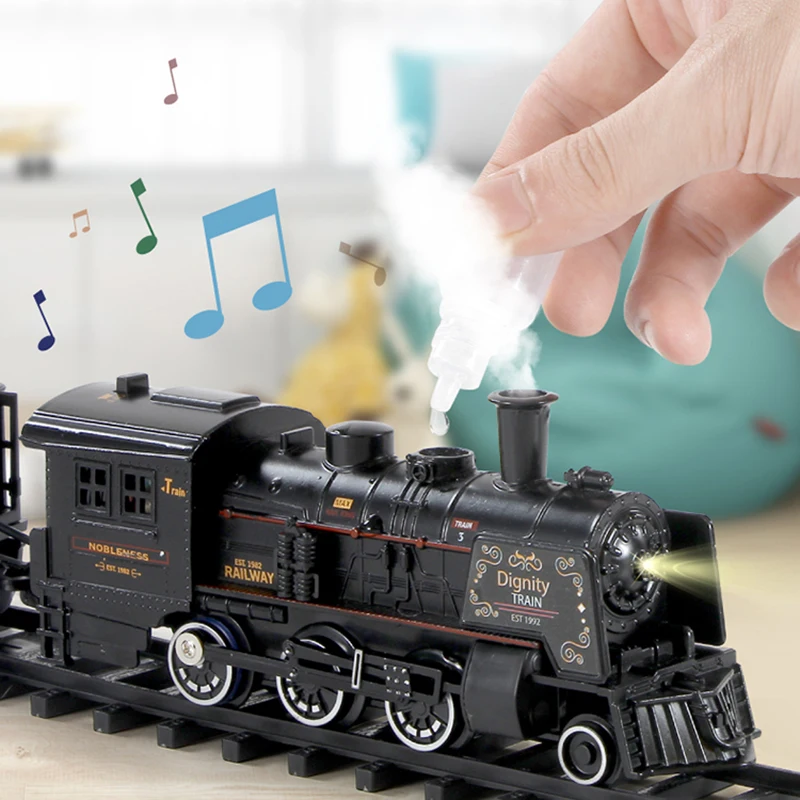 Simulacija muzejski Vlak Električni Vlak Igrača Nastavite Zlitine Vlak Spray Skladbo DIY Igrače z zvočnimi in svetlobnimi Železniške Set za Otroke