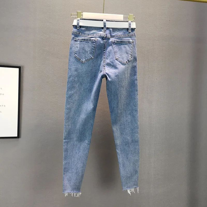 Stretch Jeans za Ženske do leta 2020 Poletje Nov Elastična Slim Fit Visok Pas Industriji Vroče Vrtanje Luknje Denim Svinčnik Hlače Ženske Jeans