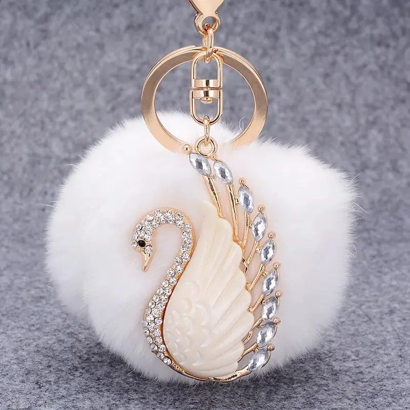 Ustvarjalne kristalno swan ključnih verige pliš žogo avto key ring girls srčkan obesek keychain ključa imetnika