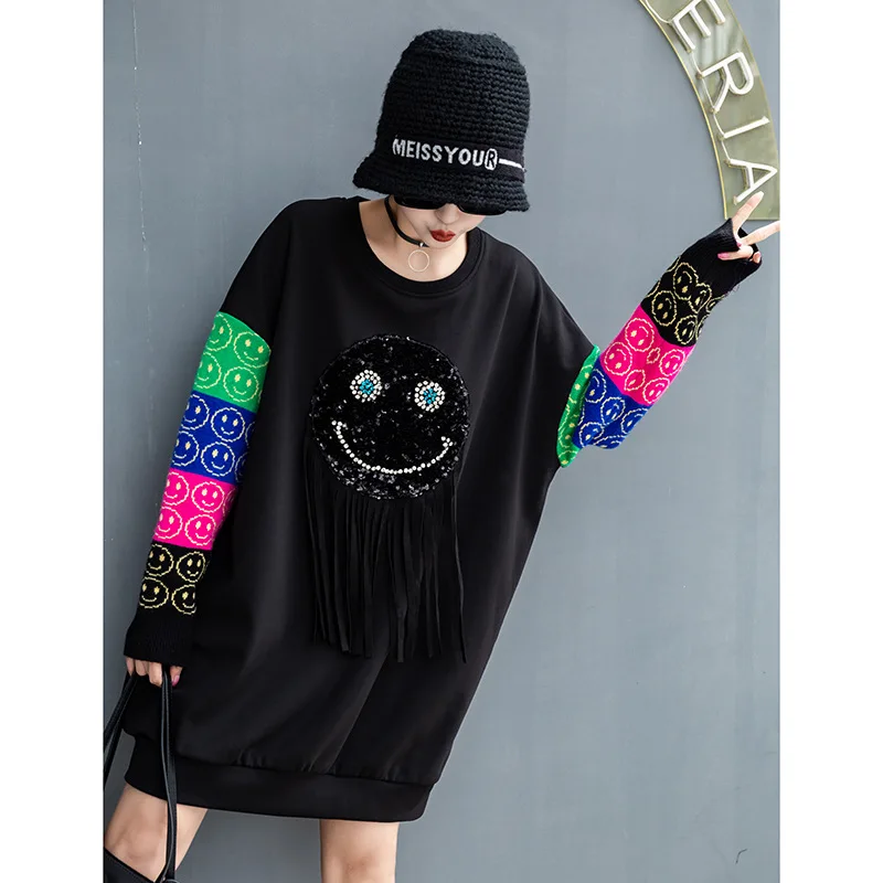 Vefadisa Black Bleščica Print Majica Ženske 2020 Jeseni, Pozimi Debele Mozaik Puloverju Coat Plus Velikost Majica Plašč QYF4661
