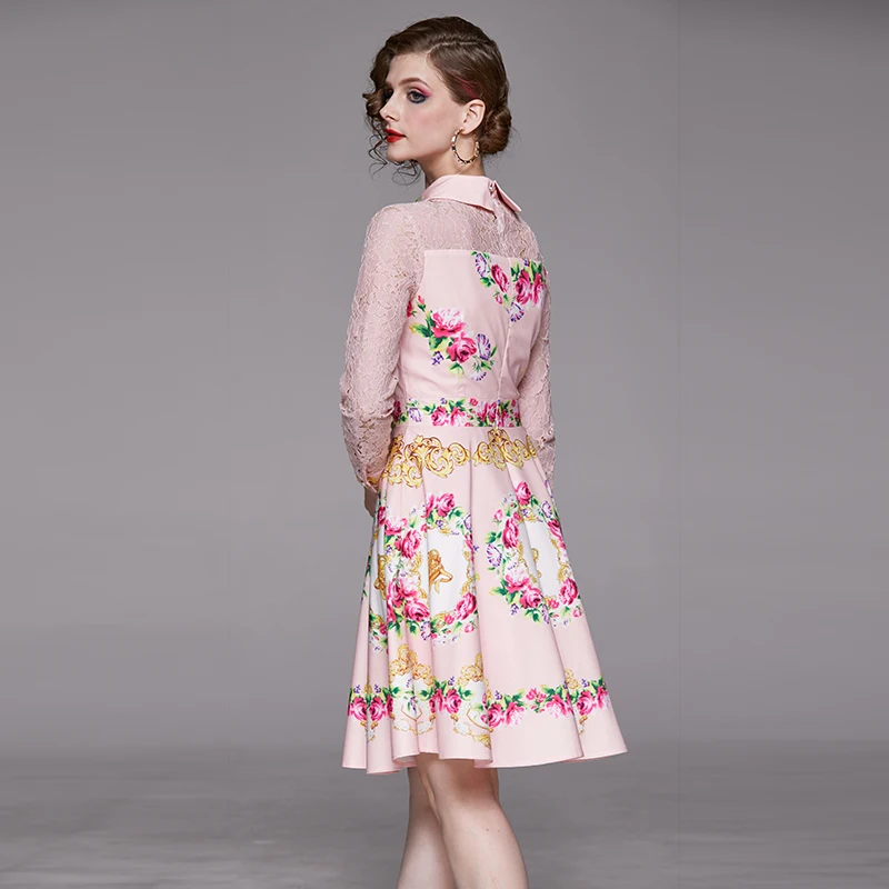 Visoka Kakovost Nove 2020 Pomladni Večer Stranka Vestido Ženske Čipke Mozaik Cvjetnim Tiskanja Elegantno Obleko