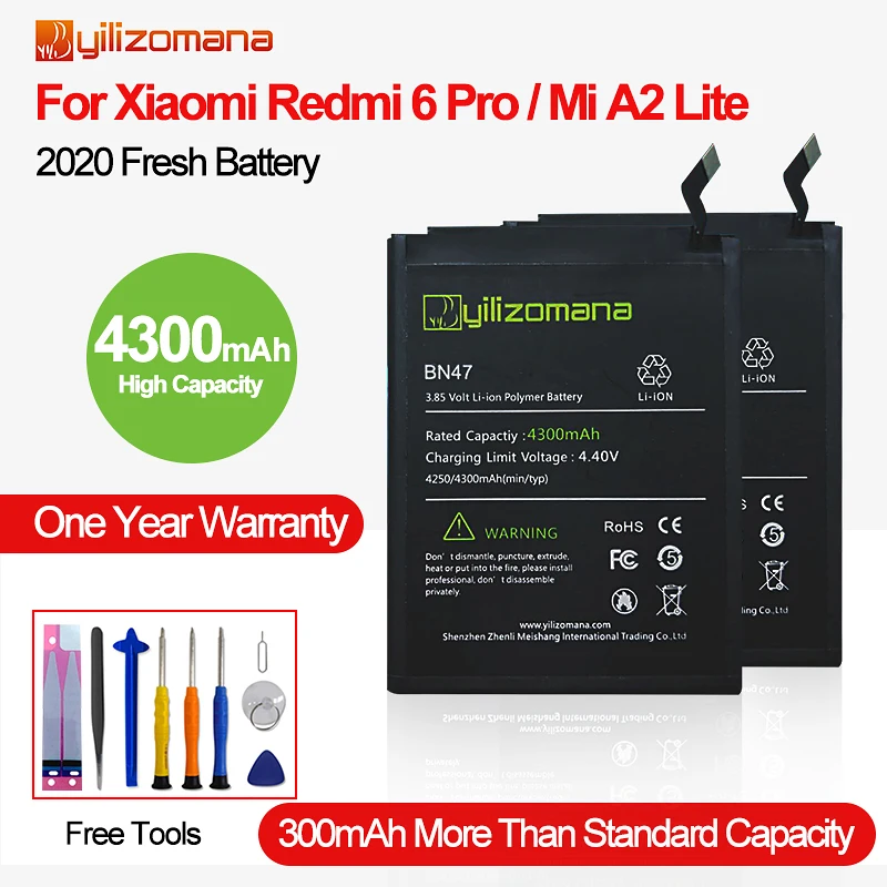 YILIZOMANA Visoka Zmogljivost BN47 Originalne Baterije Telefona za Xiaomi Redmi 6 Pro / Mi A2 Lite Zamenjava Baterije Orodja 4300mAh