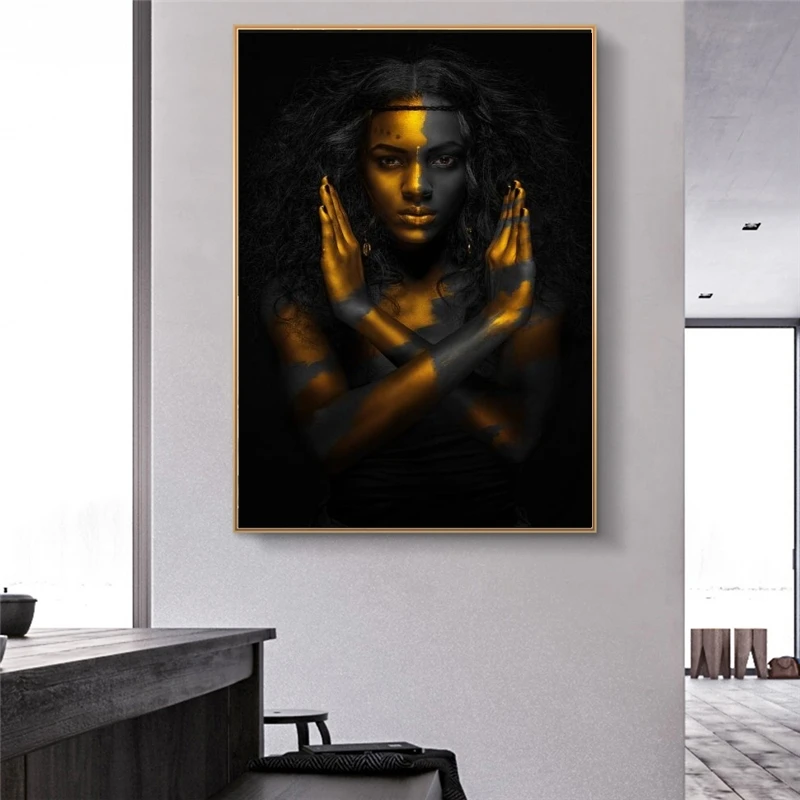 Črna in Zlata Afriške Gola Ženska Indijski Oljna slika na Platnu Plakatov in Fotografij Skandinavskih Stenskih slikah, za dnevno Sobo