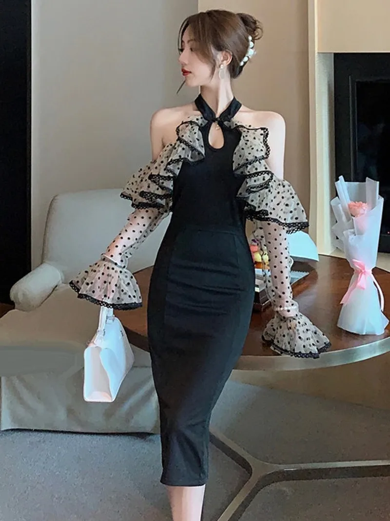 Ženske Elegantne Retro Slogu Pika Slim Elegantno Obleko Lady Korejski Letnik Vestidos Sexy Klub Bodycon Stranka Povodcem Ruffles Obleke