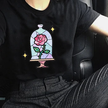 2019 Ženske 3D Tiskanja Lepotica in Zver Življenje Rose Tee Shirt Femme Harajuku Gothic Pravljica T Majica, Srajca, Črna Graphic Tee