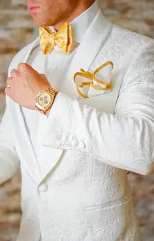 Nove Klasične Zasnove White Paisley Ženina Tuxedos Groomsmen Šal River poročna Obleka Poročna Moški Jopič Ustreza Suknjič 04