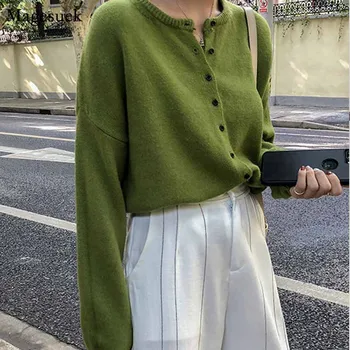 Dolg Rokav ženski Puloverji Sveže Zelene korejskem Slogu Jopico Plašč Jeseni Trdna Svoboden Ženske Obleke 2020 10325