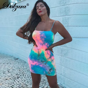 Dulzura multi barvni tiskalni trak seksi žensk bodycon obleko 2019 poletje jesen brez rokavov mini stranke obleke