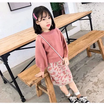 2020 Baby Dekle moda oblačila sklop pleteni pulover+leopard krilo Otroci jeseni, Pozimi solft puloverji obleke Otroci Oblačila
