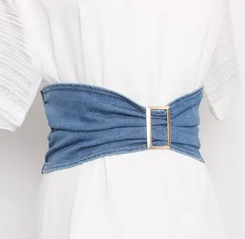 Ženske vzletno-pristajalne steze moda denim modra elastična zadrgo Cummerbunds žensko Obleko Stezniki Pas Pasovi dekoracijo širok pas R349