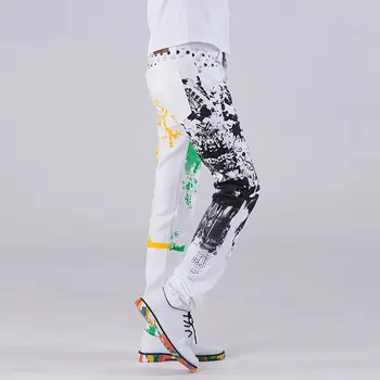 Moda stilsko kul mens hlače jeans tiskanje grafiti naslikal denim slim fit bele kavbojke moški hip hop rock ulice