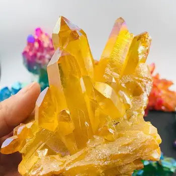VROČE Lepa electroplate rumena aura quartz crystal grozdov z mavrico svetlobe, naravni kamen in mineralnih za dom dekor, kot gif