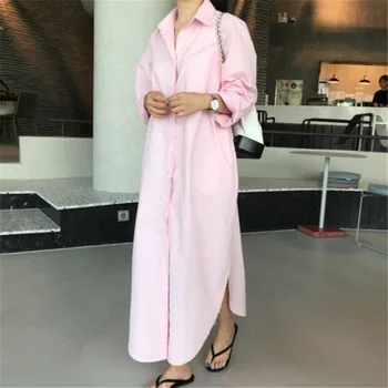 2020 Pomlad Obleke Ženska Ženski River Dolg Rokav Priložnostne Se Sprostite Svoboden Robom Split Dolgo Obleko Korejski Modi Nove Roza Oblačila