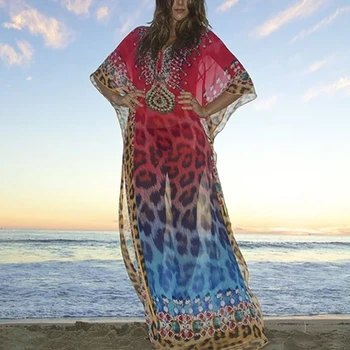 2021 Seksi Leopard Tiskanja Bohemian Oblačenja Plus Velikost Poletje Plažo Maxi Obleko Sarong Pareo de Plage V vratu Ženske Priložnostne Obleko