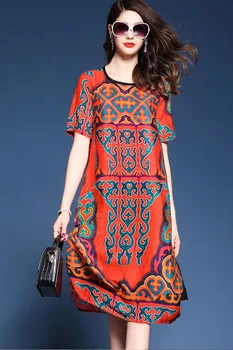 2020 Novo Poletje Rdeče Retro Svile Priložnostne Obleko za Ženske Elegantne Plus Velikost Midi Obleko Cvjetnim Tiskanja Obleke Vestido KJ1889