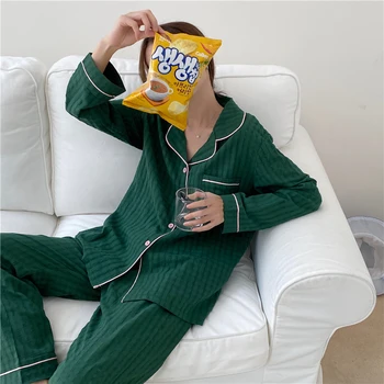 2020 korejska Različica Bombaž Jacquardske Žensk Sleepwear Ženski Jeseni Dolgo Sleeved Jopico Prosti čas Vrhovi Dva Kosa Obleko