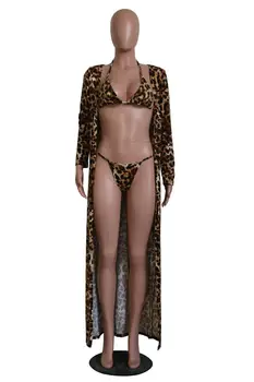 Leopard Natisniti moda Kopalke 3 Kos Set Seksi Plaži Kača Tiskanja Cape Bikini Plavati Obleke, dvodelni Set Plaži Coat Plus Velikost 2XL