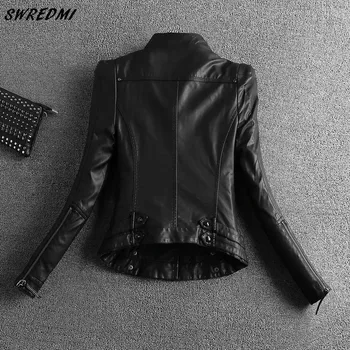 SWREDMI 2019 Black Motoristična Usnjena Oblačila Kratek Mandarin Ovratnik Ženske Antilop Ženske Biker Jacket Usnjeni Plašči S-2XL