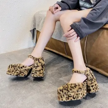 Seksi Leopard Visokih Petah Ženske Črpalke Krog Toe Debele Pete Marija Čevlji Ženske Nepremočljiva Platformo Zapatos De Mujer 2020