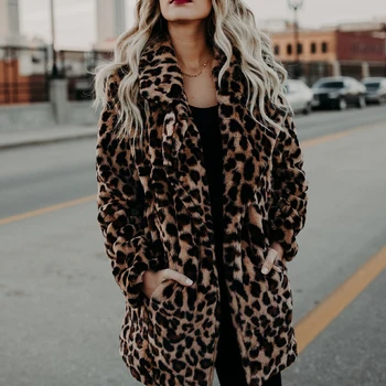 Moda Zimski Plašč Ženske plašč Luksuzni Ženske Dolg Rokav River Ovratnik Leopard Tiskanja Volnene Debele Toplo Midi Coat Plus Velikost 3XL