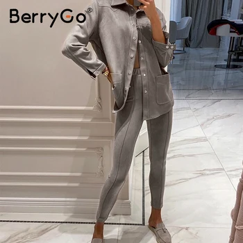 BerryGo Priložnostne ženske trdna svetlosiva ženske določa zatesnjena High street style Jeseni, pozimi urad ženske ženske obleke 2020