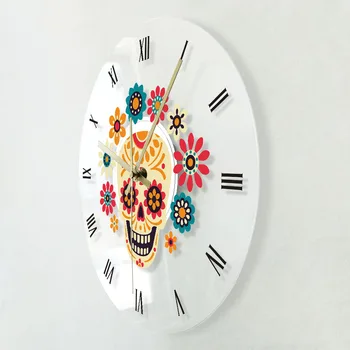 Dan Mrtvih Pisani Cvetlični Sladkorja Lobanje Mehiške Umetnosti Akril Pregleden Stenske Ure Dia De Los Muertos Dekorativne Stenske Watch