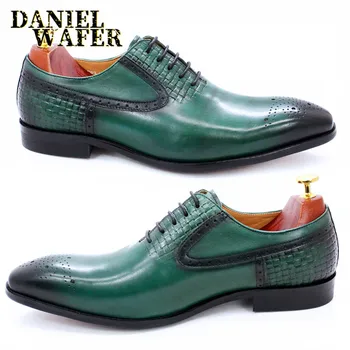 Luksuzni Moških Oxford Čevlji Modni Natisne Zelena Črna Pravega Usnja Čipke Moških Obleko, Čevlji Poročni Urad Poslovnih Formalno Čevlji