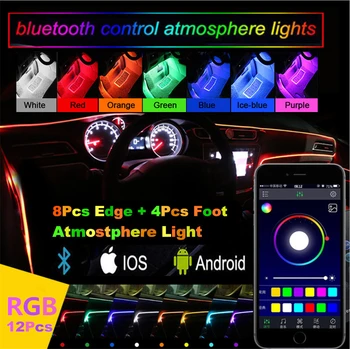 Univerzalni 12 v 1 RGB LED Z 10M Avto Styling Dekorativni Vzdušje Svetilke Tla Stopala Notranje Svetlobe Bluetooth App Nadzor 12V